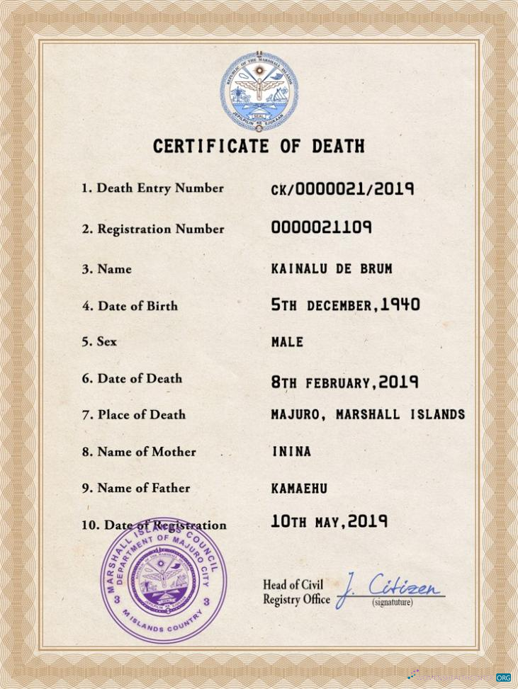 Download Marshall Islands death certificate PSD template Photoshop template